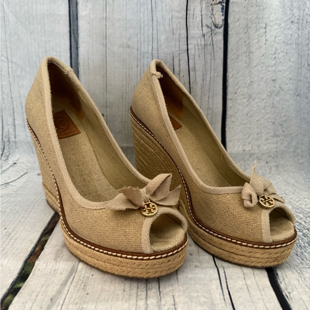 Tory Burch Tan Peep-Toe Wedges with Bow Detail